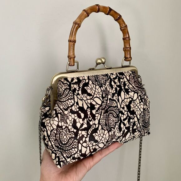 Chic Handmade Real hair-on-horsehide Black Lace Printed, Bamboo Handle Bag - Picture 5 of 16